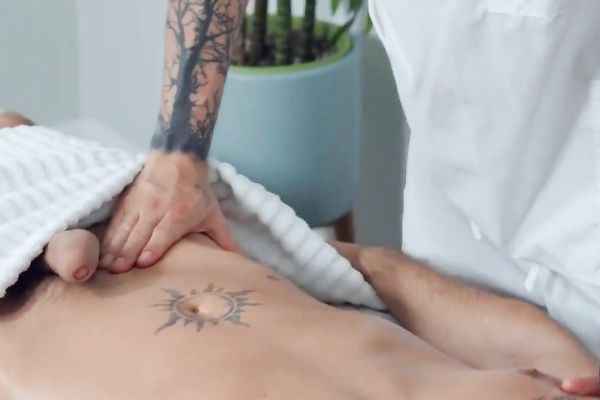 As his sexy masseur he runs his talented hands all over oiled-up body
